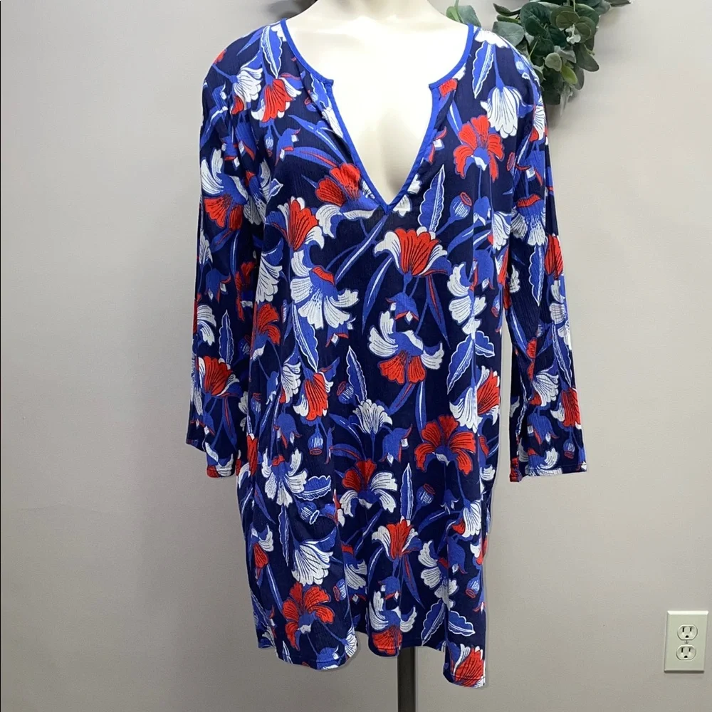 J. Crew Cotton Gauze Tunic V-neck 3/4 Sleeve Floral Print Cover-Up XL